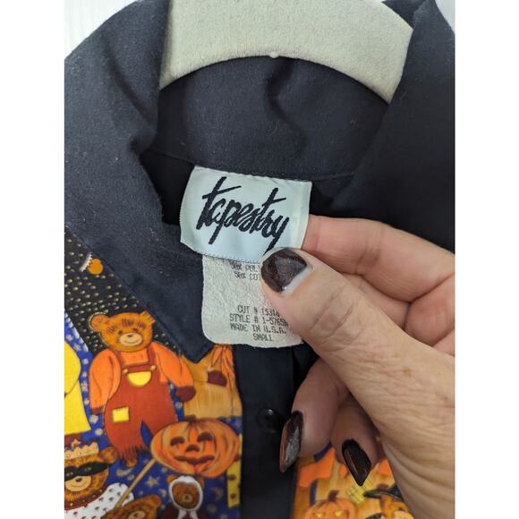 Vintage 80's Tapestry  Button Front Shirt Bear Halloween Novlety Print Shirt - Picture 4 of 8